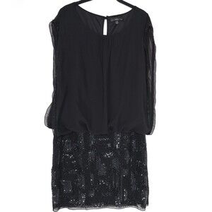 AIDAN MATTOX Women’s Cocktail Knee Lengt Dress 14 Black Silk Blend Beaded Sequin